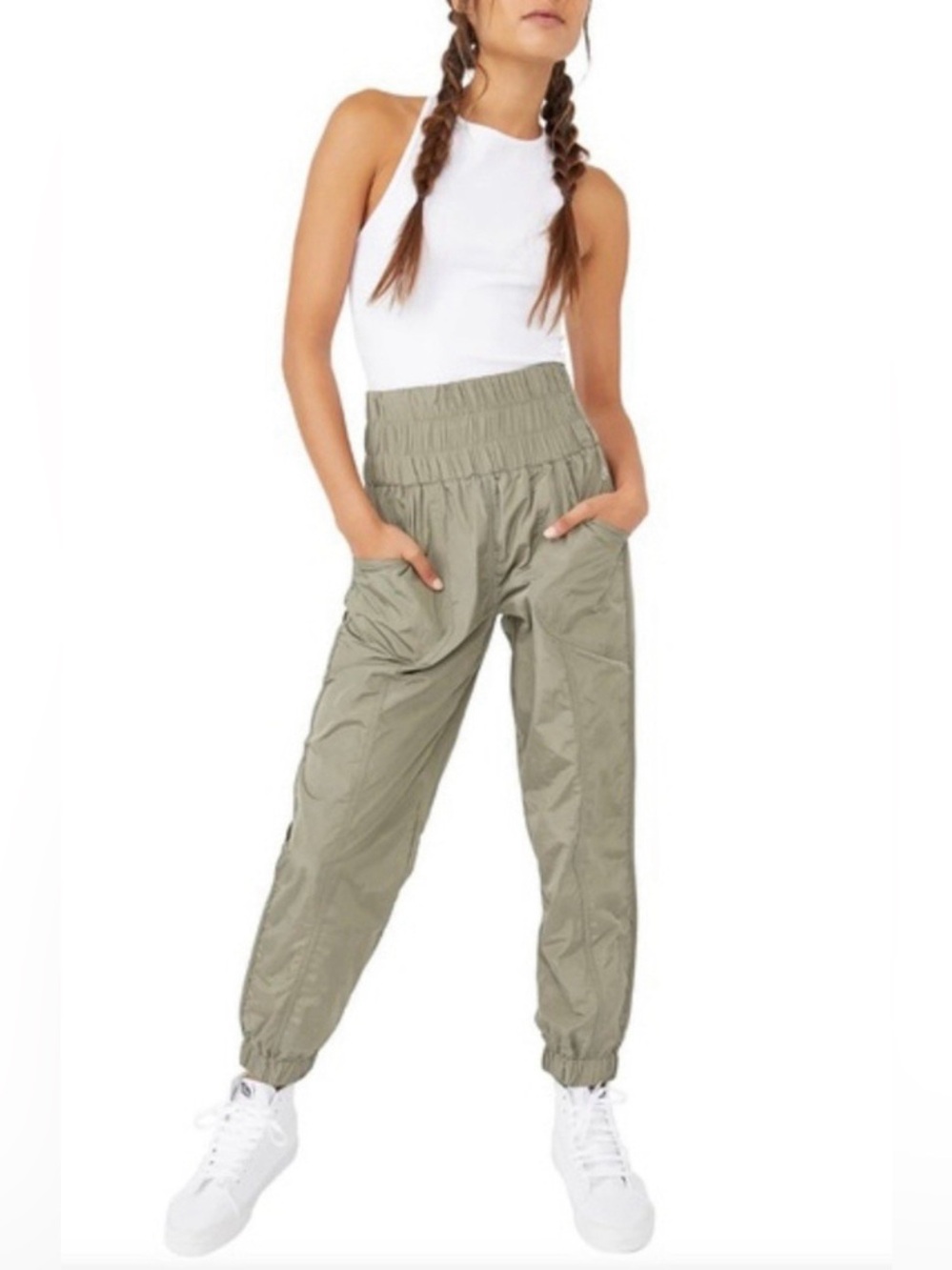 Free People FP Movement Way Home Sage Green Smocked Lightweight Jogger Pants XS